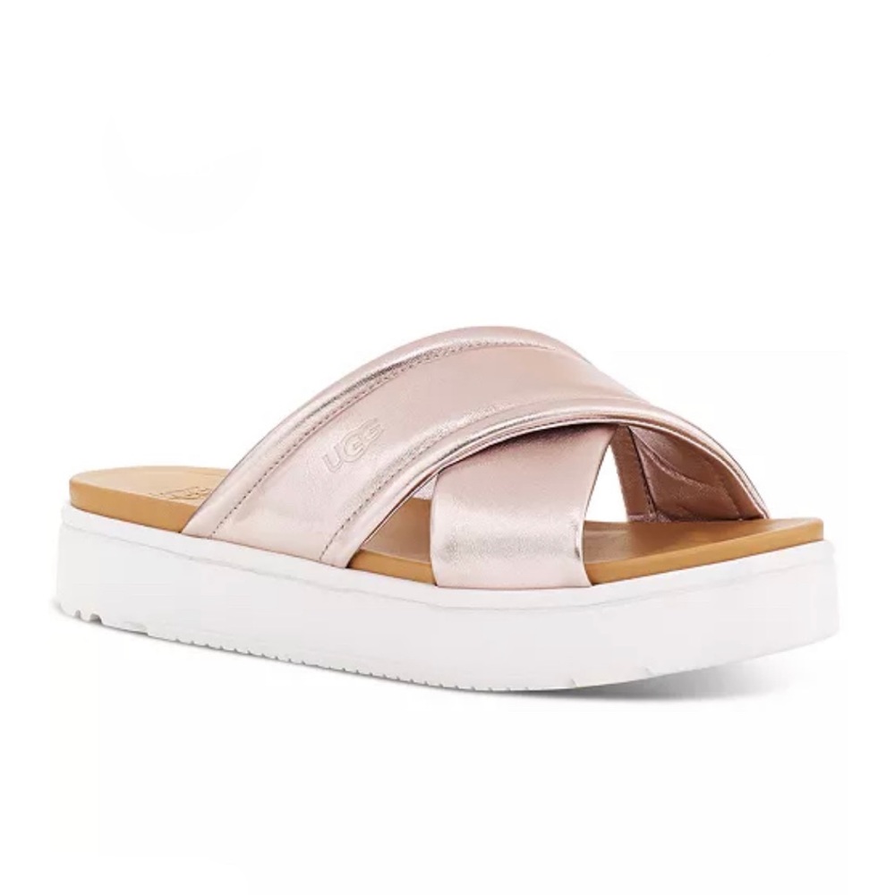 UGG Zayne Leather Platform Sandals in Metallic Pink & White Size 9M, New w/o Box